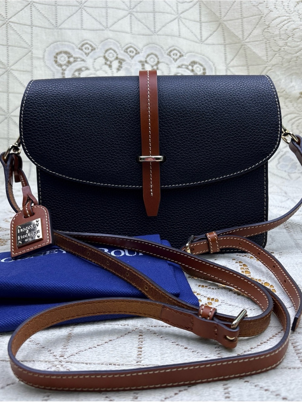 Dooney & Bourke Pebble Grain Flap Crossbody Black Brown Buckle Strap